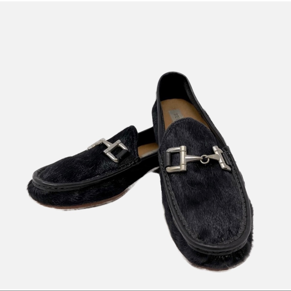 Stylish Black Pony Hair Silver Buckle Loafers